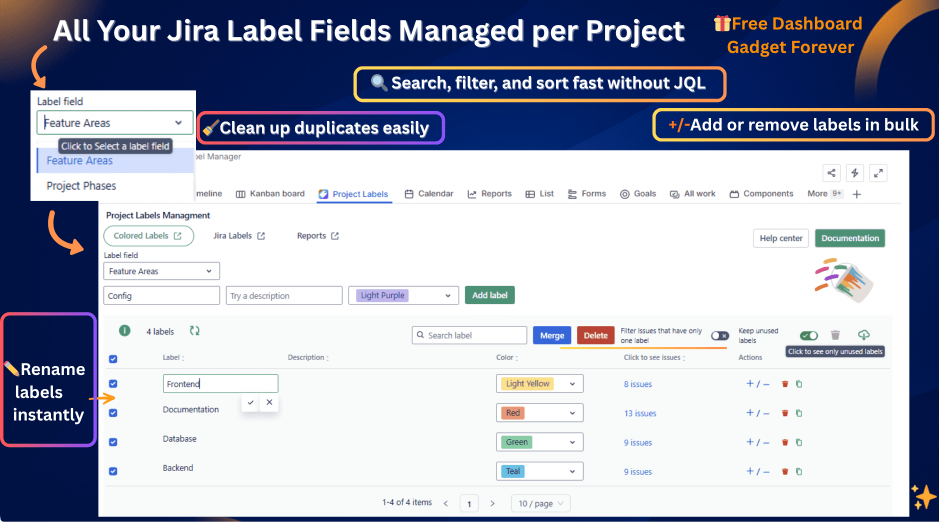 Jira label manager interface showing centralized project label management bulk label cleanup and fast filtering without JQL