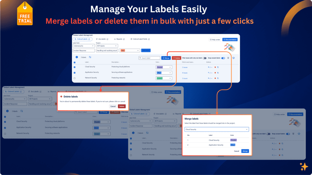 Jira label manager showing label cleanup with options to merge, remove, and manage labels