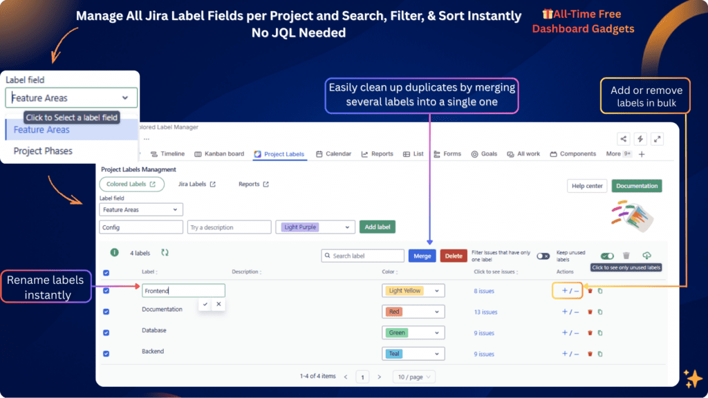 Jira label manager showing all label fields managed from one central interface