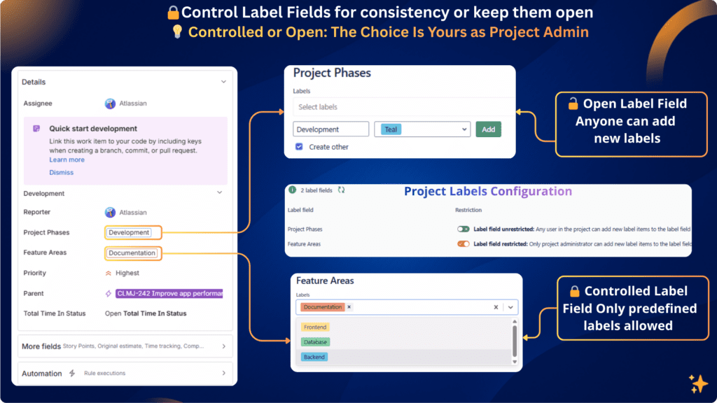 Jira label manager configuring label fields as restricted or open per project