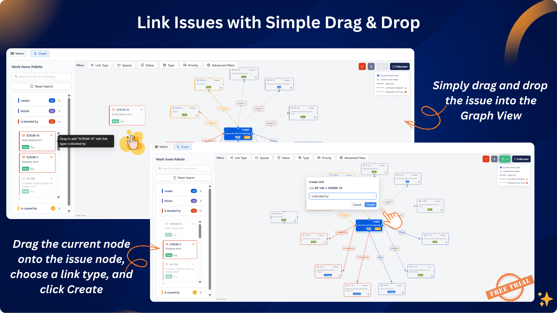 Screenshot of the Advanced Link Manager’s Graph View in Jira Cloud, showing a drag-and-drop interface for creating issue links. The image displays work item palettes, link-type filters, and a visual dependency graph where users can drag issues to create relationships.